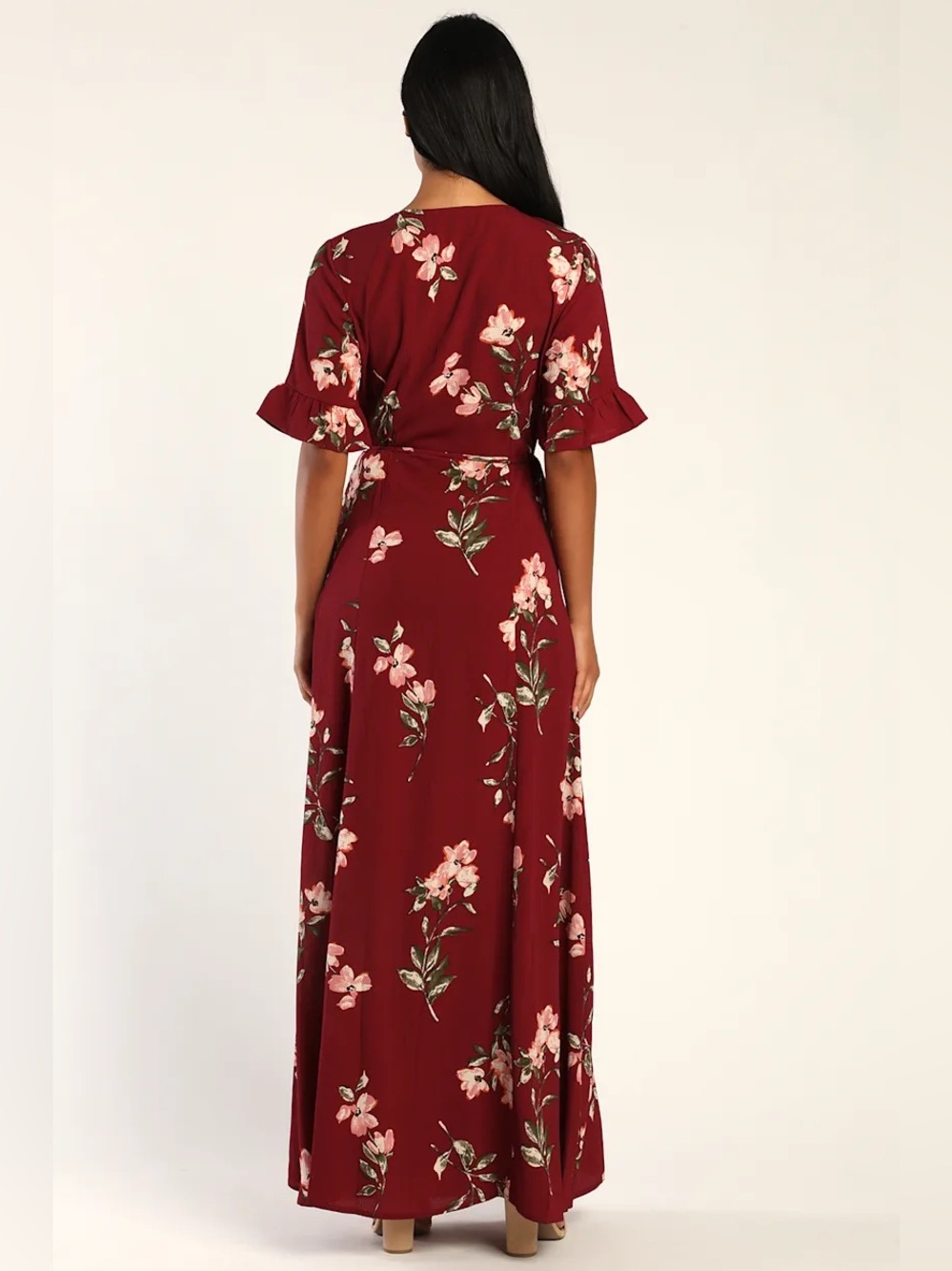 Lulus XS September Sunsets Burgundy Floral Wrap Floral Dress - Picture 2 of 8